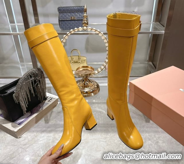 Most Popular Miu Miu Nappa Leather Heel High Boots 6cm with Buckle Yellow 5W548E 0826029