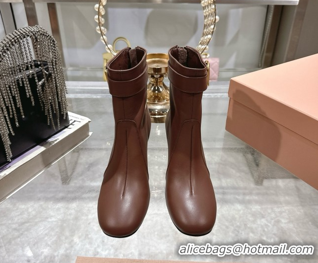 Cheap Miu Miu Nappa Leather Heel Ankle Boots 6cm with Buckle Brown 5W548E 0826034