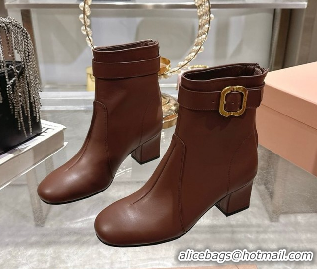 Cheap Miu Miu Nappa Leather Heel Ankle Boots 6cm with Buckle Brown 5W548E 0826034