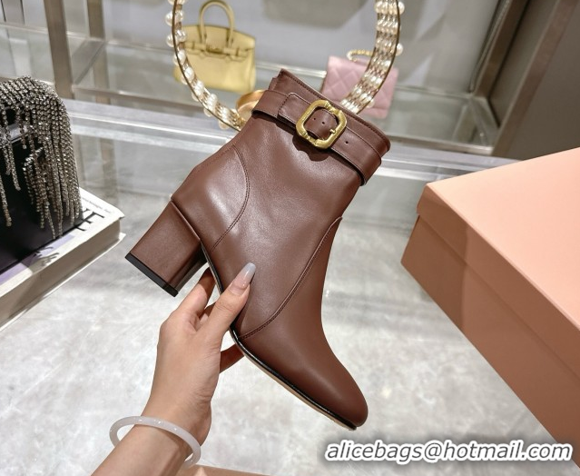 Cheap Miu Miu Nappa Leather Heel Ankle Boots 6cm with Buckle Brown 5W548E 0826034