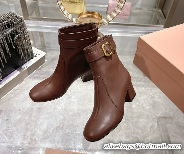 Cheap Miu Miu Nappa Leather Heel Ankle Boots 6cm with Buckle Brown 5W548E 0826034