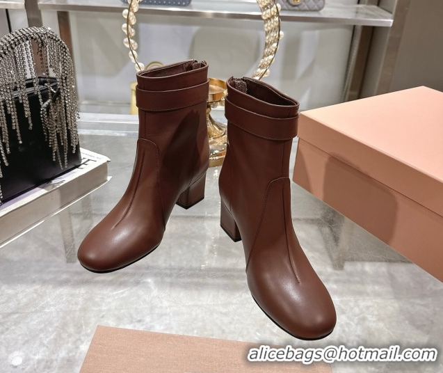 Cheap Miu Miu Nappa Leather Heel Ankle Boots 6cm with Buckle Brown 5W548E 0826034