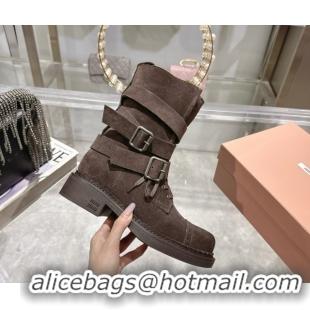 Discount Miu Miu Suede Ankle Boots 3.5cm with Buckle Brown MIU082604 50826035