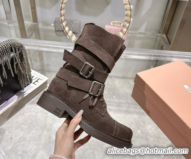 Discount Miu Miu Suede Ankle Boots 3.5cm with Buckle Brown MIU082604 50826035