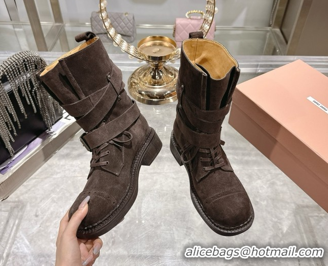 Discount Miu Miu Suede Ankle Boots 3.5cm with Buckle Brown MIU082604 50826035