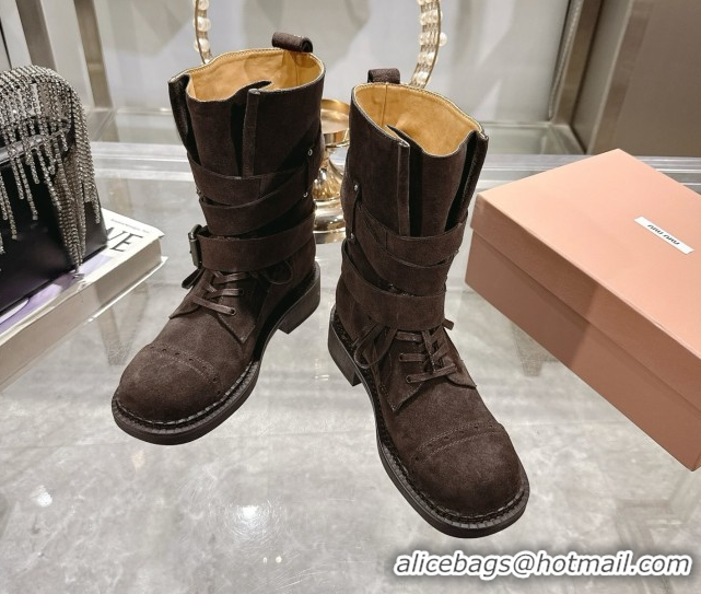 Discount Miu Miu Suede Ankle Boots 3.5cm with Buckle Brown MIU082604 50826035