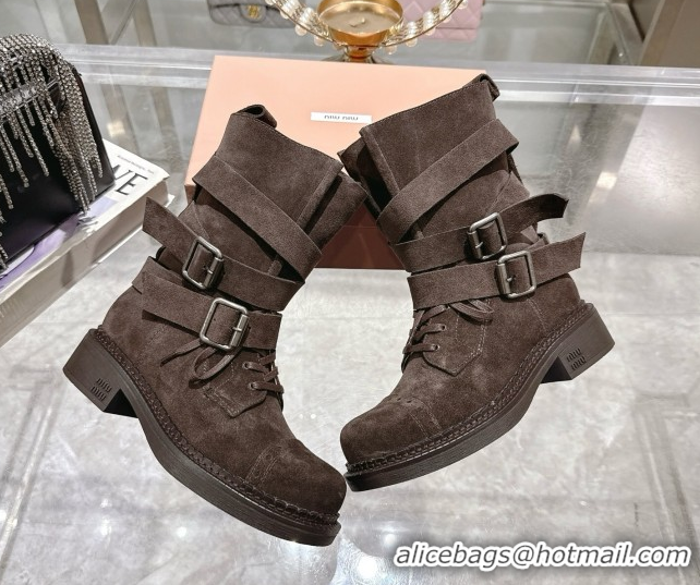 Discount Miu Miu Suede Ankle Boots 3.5cm with Buckle Brown MIU082604 50826035