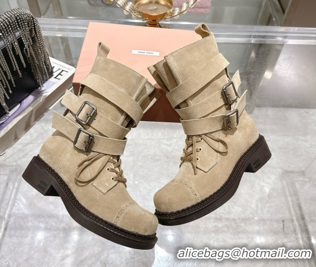 Good Product Miu Miu Suede Ankle Boots 3.5cm with Buckle Beige MIU082604 50826036
