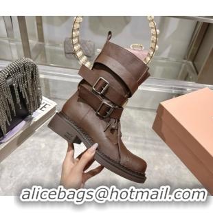 Cheap Price Miu Miu Leather Ankle Boots 3.5cm with Buckle Brown MIU082604 0826038
