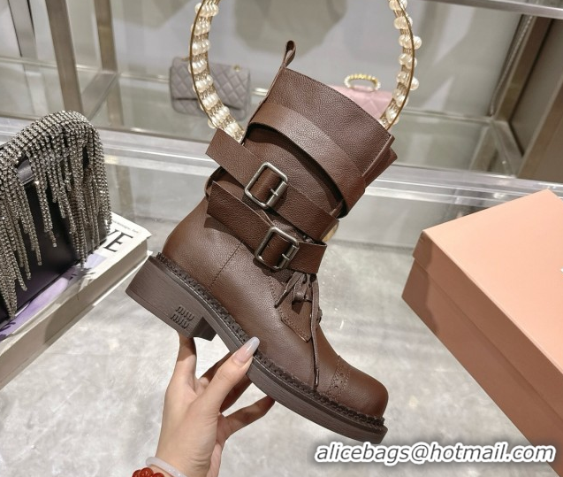 Cheap Price Miu Miu Leather Ankle Boots 3.5cm with Buckle Brown MIU082604 0826038