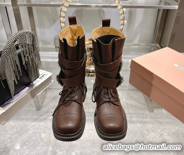 Cheap Price Miu Miu Leather Ankle Boots 3.5cm with Buckle Brown MIU082604 0826038