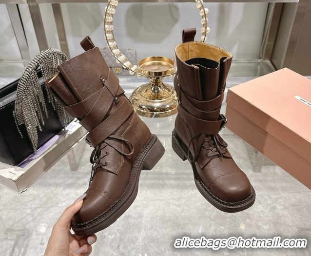 Cheap Price Miu Miu Leather Ankle Boots 3.5cm with Buckle Brown MIU082604 0826038