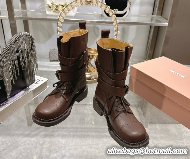 Cheap Price Miu Miu Leather Ankle Boots 3.5cm with Buckle Brown MIU082604 0826038