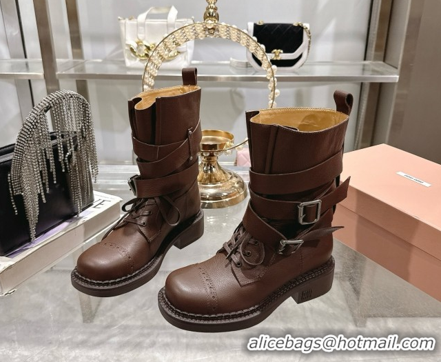 Cheap Price Miu Miu Leather Ankle Boots 3.5cm with Buckle Brown MIU082604 0826038