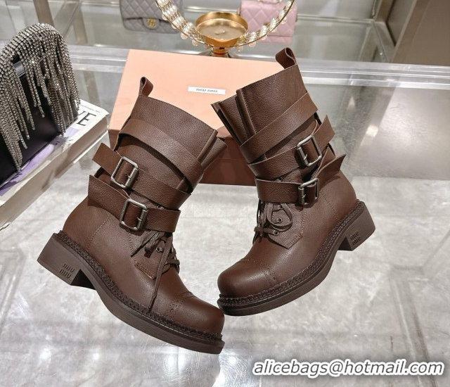 Cheap Price Miu Miu Leather Ankle Boots 3.5cm with Buckle Brown MIU082604 0826038