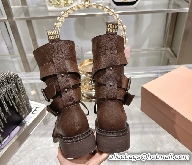 Cheap Price Miu Miu Leather Ankle Boots 3.5cm with Buckle Brown MIU082604 0826038