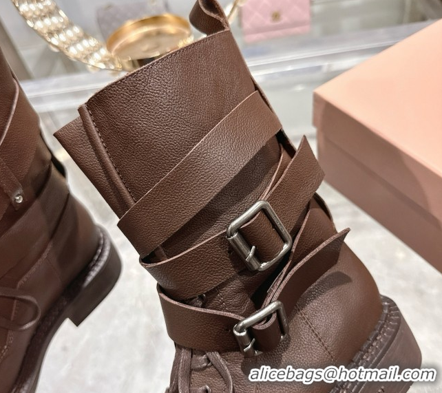Cheap Price Miu Miu Leather Ankle Boots 3.5cm with Buckle Brown MIU082604 0826038