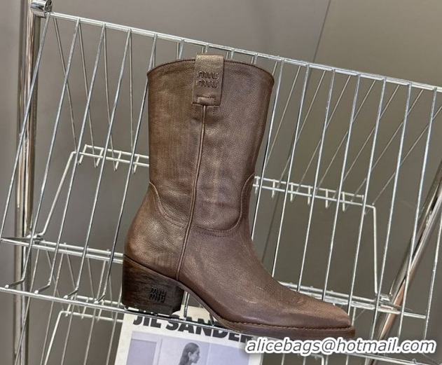 Stylish Miu Miu Leather Heel Ankle Boots 5cm Brown MIU082605 50826042