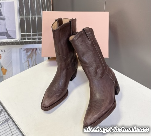 Stylish Miu Miu Leather Heel Ankle Boots 5cm Brown MIU082605 50826042