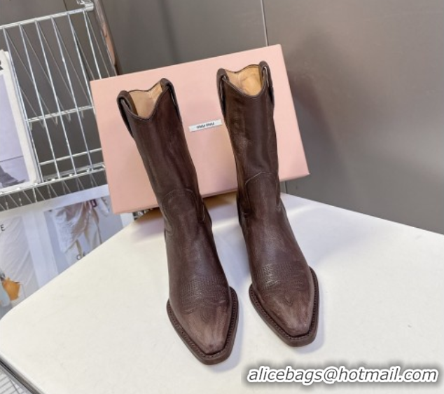 Stylish Miu Miu Leather Heel Ankle Boots 5cm Brown MIU082605 50826042