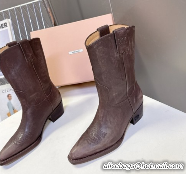 Stylish Miu Miu Leather Heel Ankle Boots 5cm Brown MIU082605 50826042