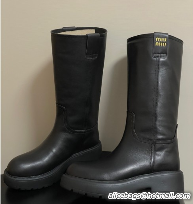 Perfect Miu Miu Leather Platform Short Boots Black MIU082606 50826044