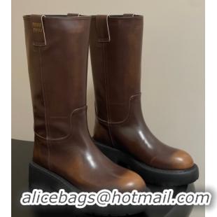 Buy Luxury Miu Miu Leather Platform Short Boots Brown MIU082606 0826045