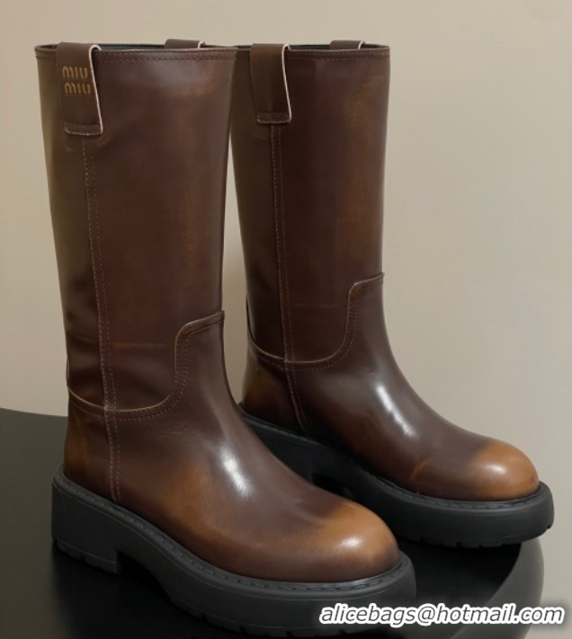 Buy Luxury Miu Miu Leather Platform Short Boots Brown MIU082606 0826045