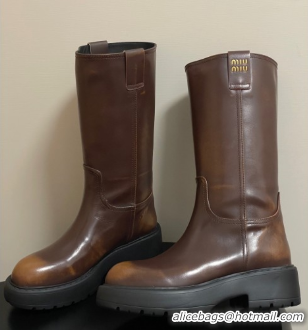 Buy Luxury Miu Miu Leather Platform Short Boots Brown MIU082606 0826045