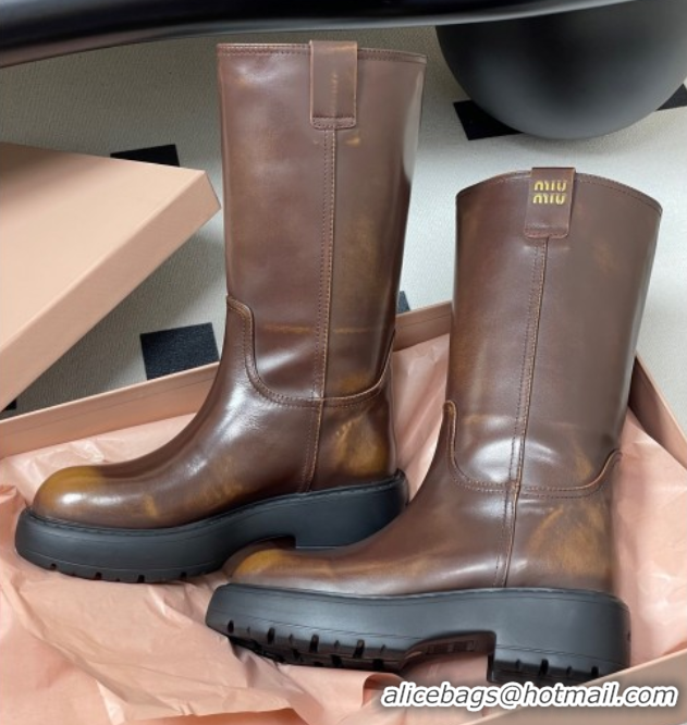 Buy Luxury Miu Miu Leather Platform Short Boots Brown MIU082606 0826045