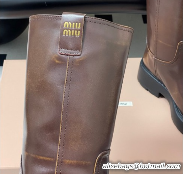 Buy Luxury Miu Miu Leather Platform Short Boots Brown MIU082606 0826045