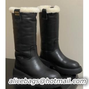 Duplicate Miu Miu Leather and Wool Lining Platform Short Boots Black MIU082607 0826048