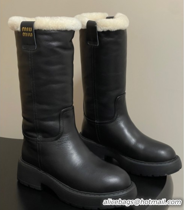 Duplicate Miu Miu Leather and Wool Lining Platform Short Boots Black MIU082607 0826048