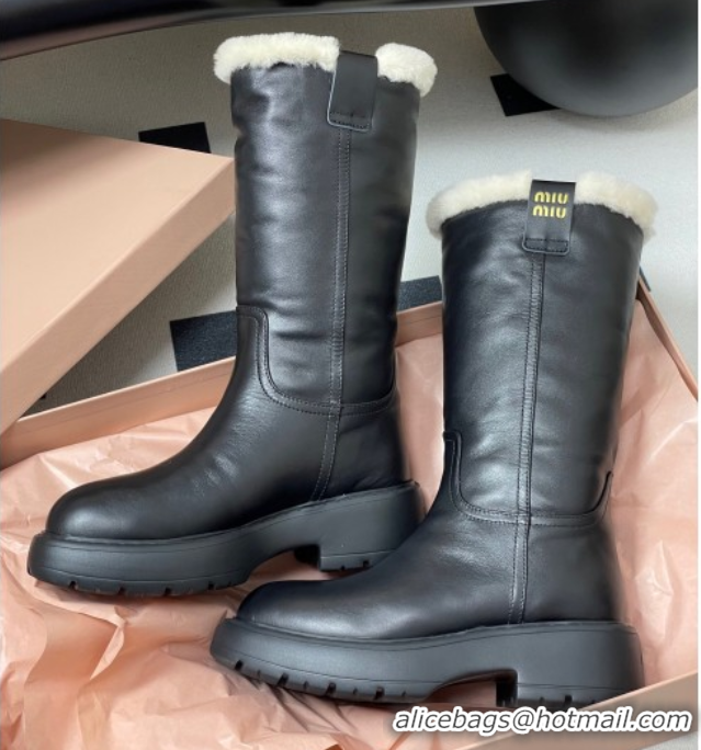 Duplicate Miu Miu Leather and Wool Lining Platform Short Boots Black MIU082607 0826048