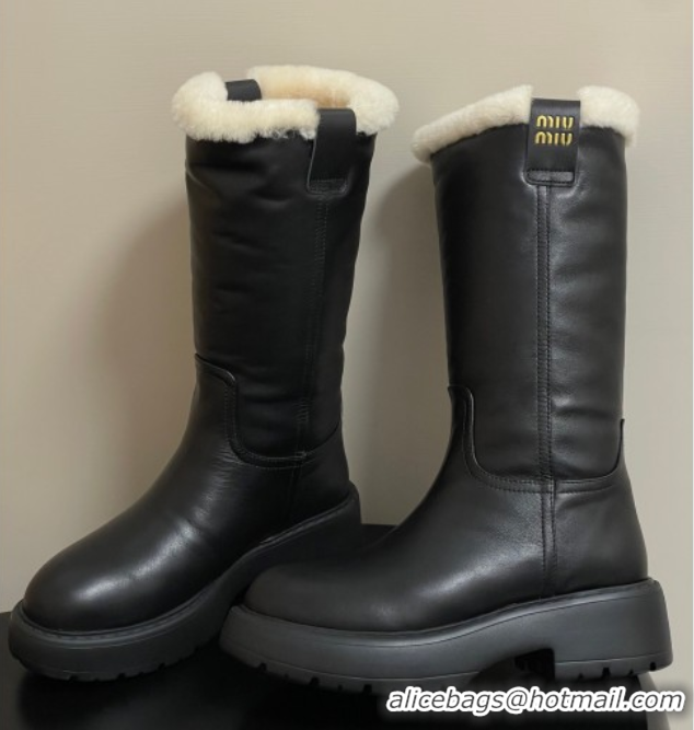 Duplicate Miu Miu Leather and Wool Lining Platform Short Boots Black MIU082607 0826048