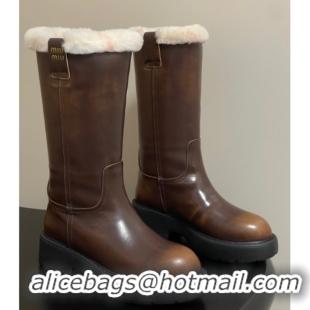 Good Quality Miu Miu Leather and Wool Lining Platform Short Boots Brown MIU082607 0826049