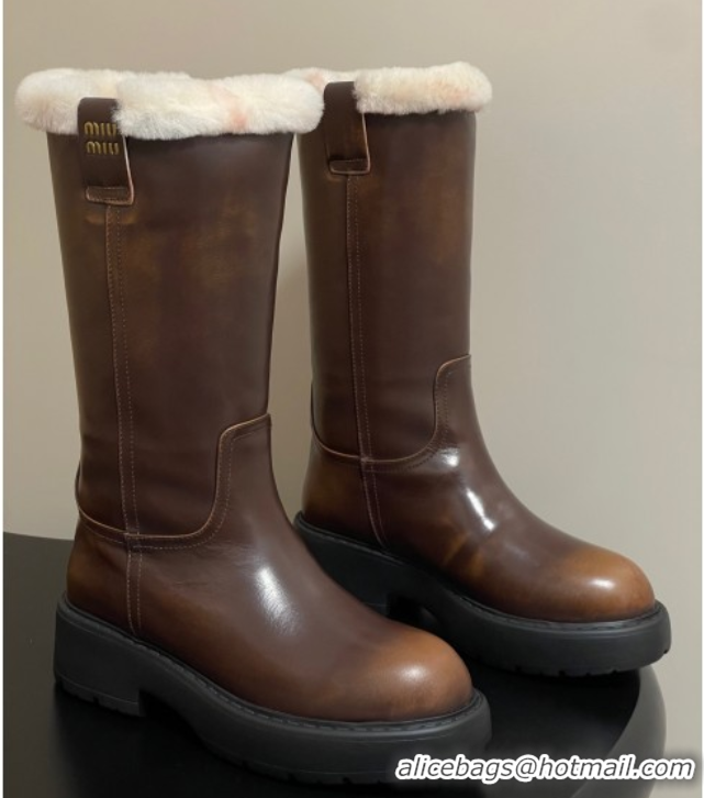 Good Quality Miu Miu Leather and Wool Lining Platform Short Boots Brown MIU082607 0826049