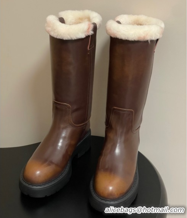 Good Quality Miu Miu Leather and Wool Lining Platform Short Boots Brown MIU082607 0826049