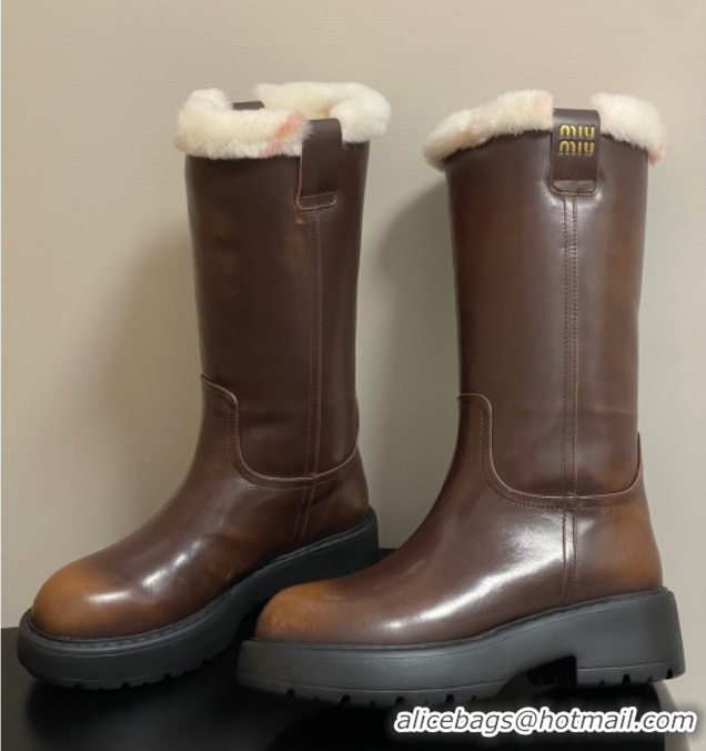 Good Quality Miu Miu Leather and Wool Lining Platform Short Boots Brown MIU082607 0826049