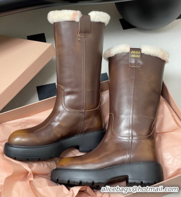 Good Quality Miu Miu Leather and Wool Lining Platform Short Boots Brown MIU082607 0826049