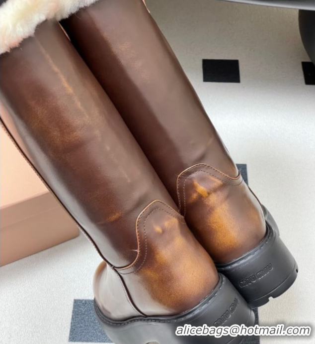 Good Quality Miu Miu Leather and Wool Lining Platform Short Boots Brown MIU082607 0826049