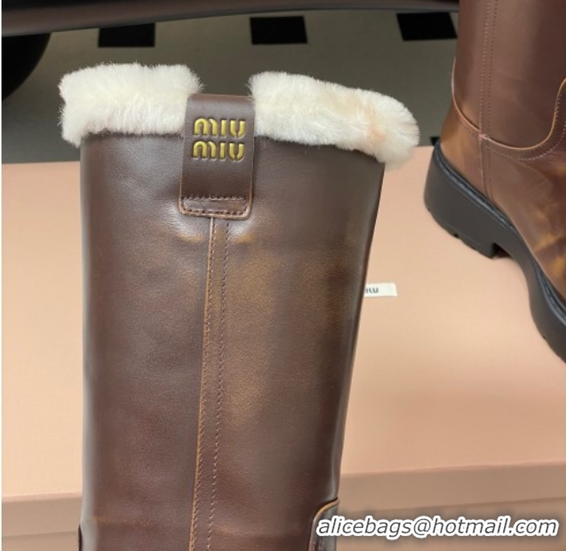 Good Quality Miu Miu Leather and Wool Lining Platform Short Boots Brown MIU082607 0826049