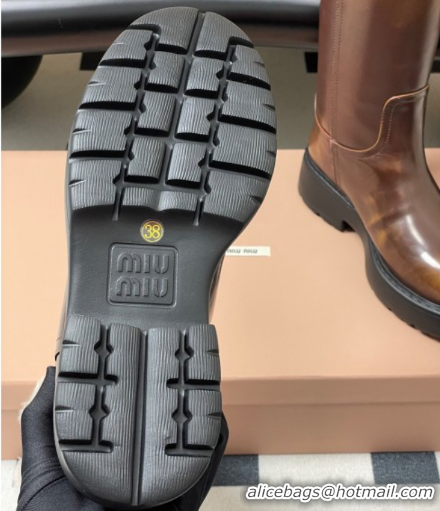 Good Quality Miu Miu Leather and Wool Lining Platform Short Boots Brown MIU082607 0826049