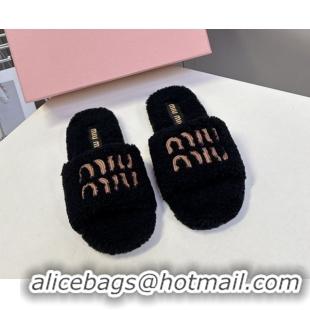 Stylish Miu Miu Shearling Flat Slides Sandal Black MIU082608 0826050