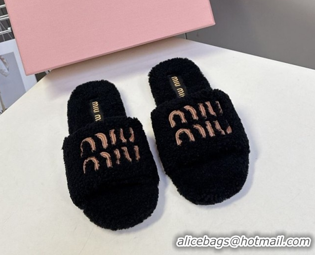 Stylish Miu Miu Shearling Flat Slides Sandal Black MIU082608 0826050