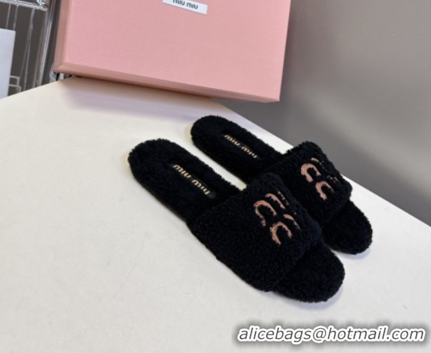 Stylish Miu Miu Shearling Flat Slides Sandal Black MIU082608 0826050