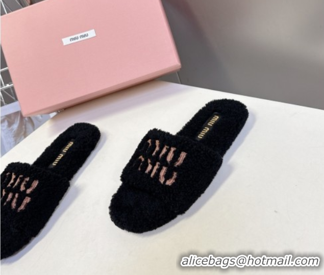 Stylish Miu Miu Shearling Flat Slides Sandal Black MIU082608 0826050