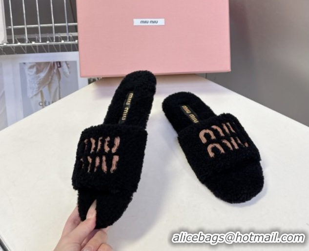 Stylish Miu Miu Shearling Flat Slides Sandal Black MIU082608 0826050