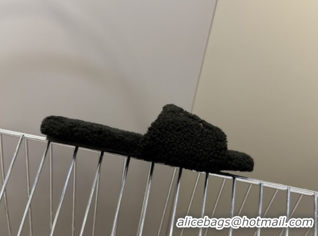 Stylish Miu Miu Shearling Flat Slides Sandal Black MIU082608 0826050