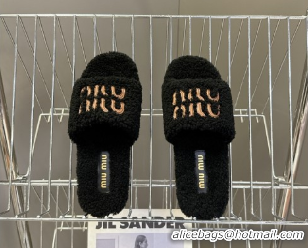 Stylish Miu Miu Shearling Flat Slides Sandal Black MIU082608 0826050